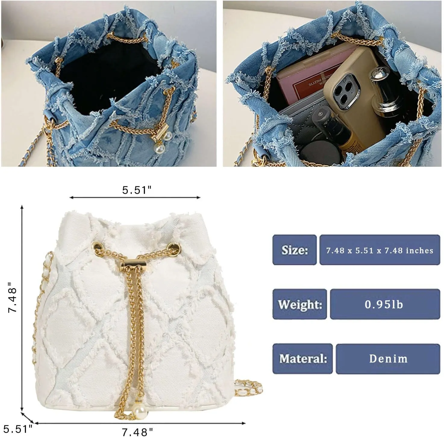 Jean Purses for Women, Distressed Jean Denim Bucket Bags Quilted Crossbody, Small Shoulder Bag Drawstring Handbag