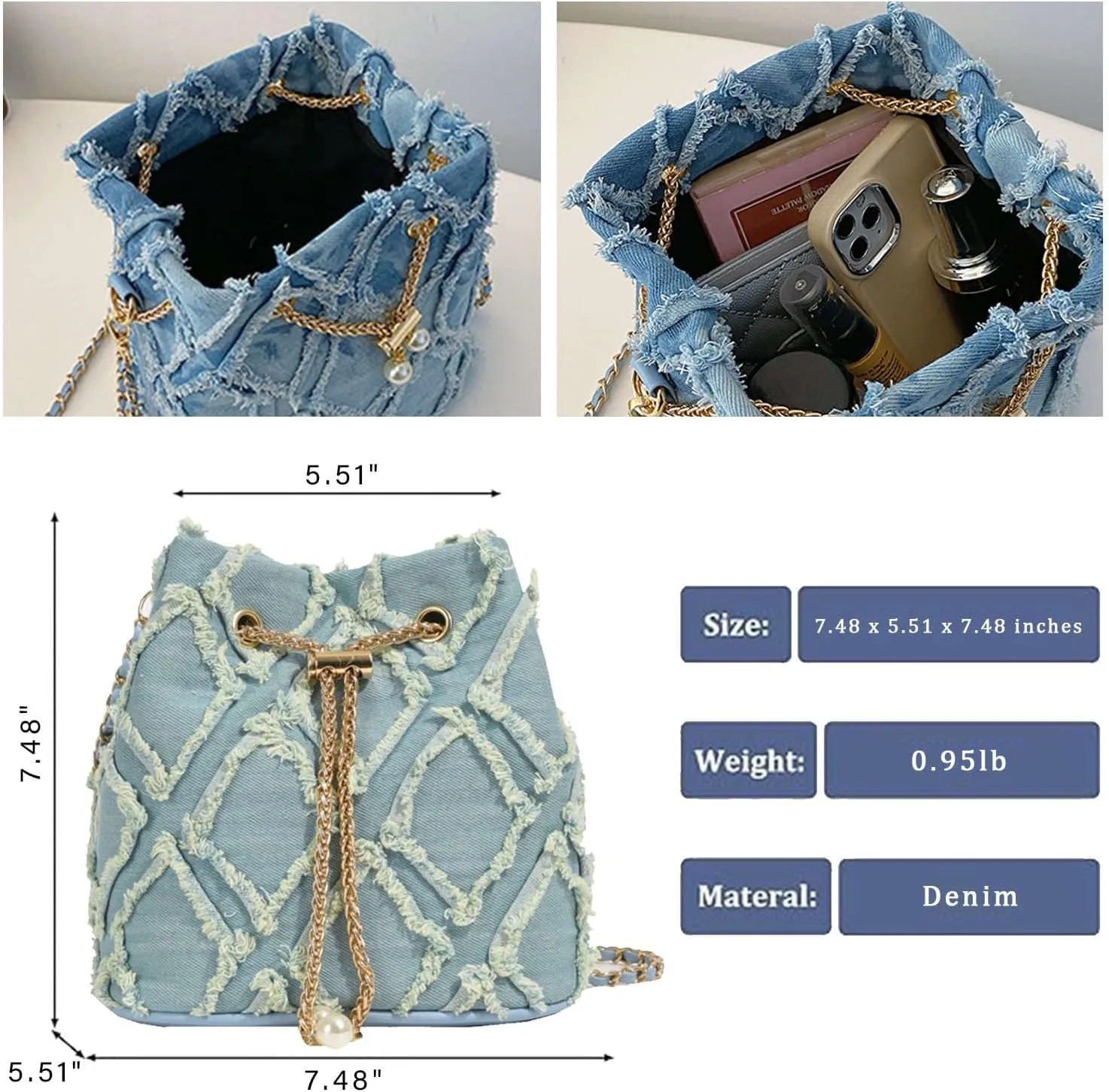 Jean Purses for Women, Distressed Jean Denim Bucket Bags Quilted Crossbody, Small Shoulder Bag Drawstring Handbag