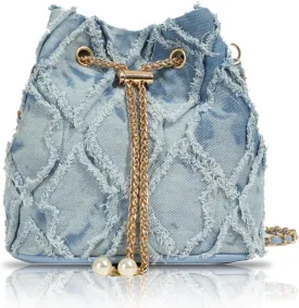 Jean Purses for Women, Distressed Jean Denim Bucket Bags Quilted Crossbody, Small Shoulder Bag Drawstring Handbag