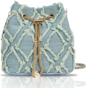 Jean Purses for Women, Distressed Jean Denim Bucket Bags Quilted Crossbody, Small Shoulder Bag Drawstring Handbag