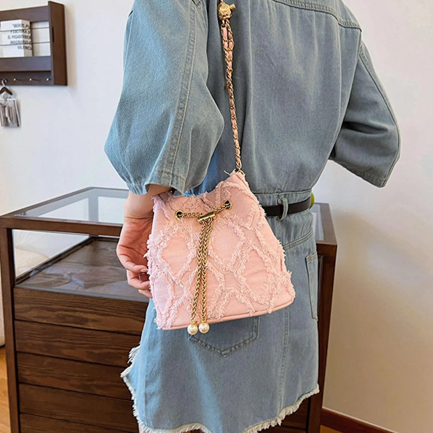Jean Purses for Women, Distressed Jean Denim Bucket Bags Quilted Crossbody, Small Shoulder Bag Drawstring Handbag