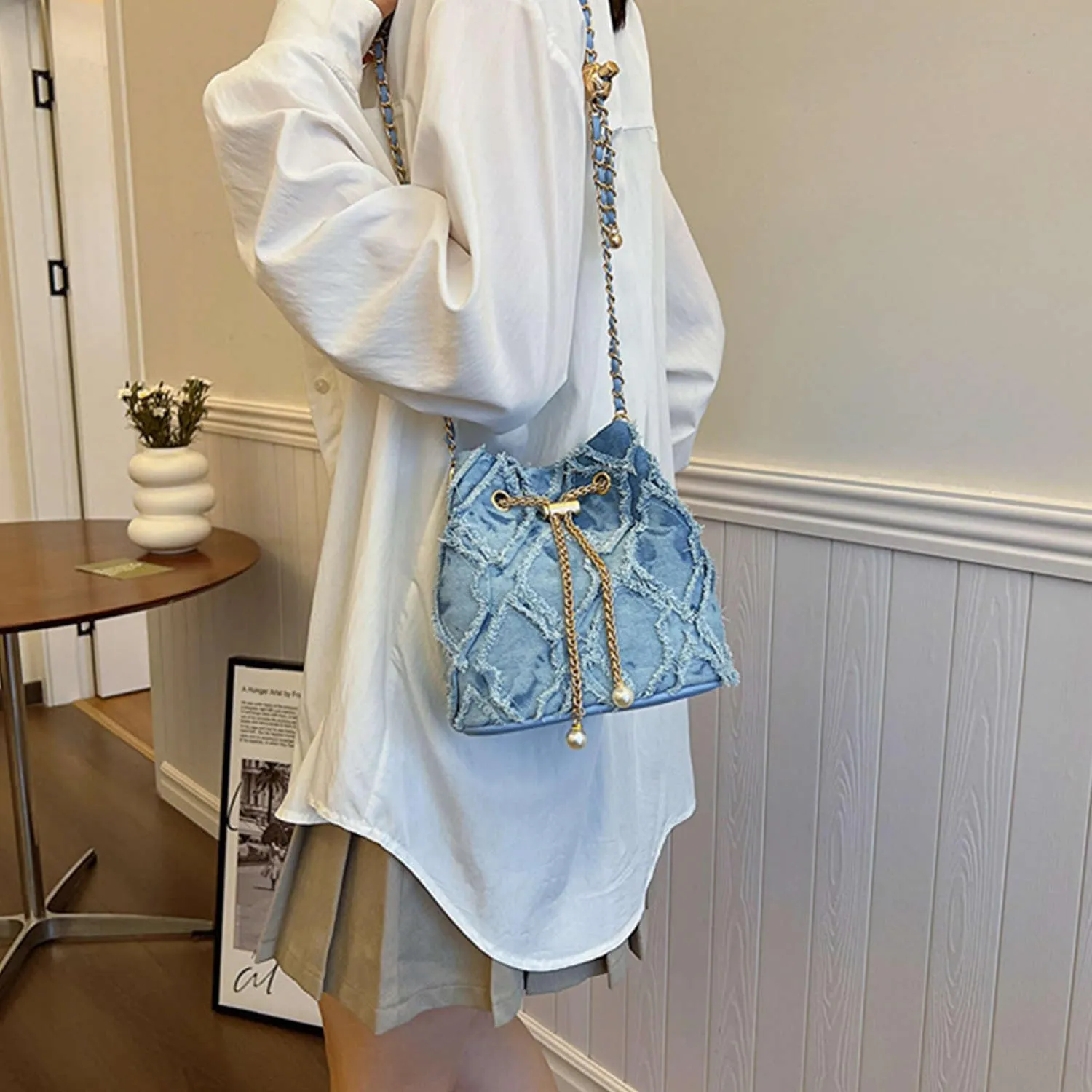 Jean Purses for Women, Distressed Jean Denim Bucket Bags Quilted Crossbody, Small Shoulder Bag Drawstring Handbag
