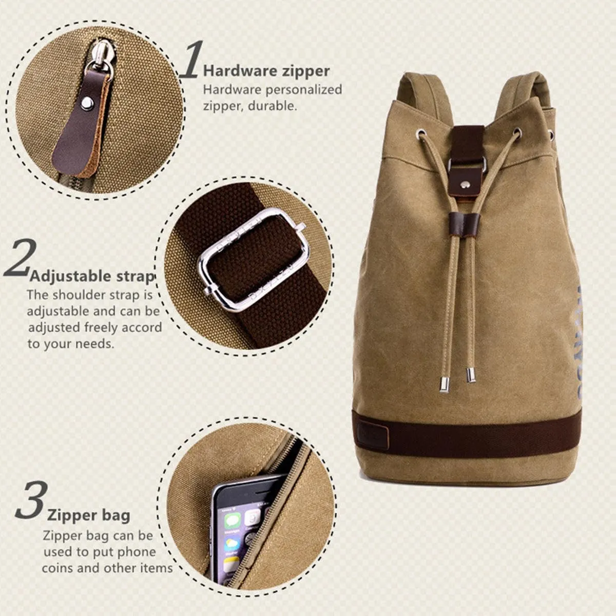 Large Capacity Drawstring Backpack,Canvas Sports Backpack,Leisure Travel Computer Backpack,Outdoor Sports Drawstring Bucket Bag,Gym backpack,Universal for Both Men and Women (Small, Army Coffee)