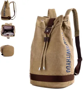 Large Capacity Drawstring Backpack,Canvas Sports Backpack,Leisure Travel Computer Backpack,Outdoor Sports Drawstring Bucket Bag,Gym backpack,Universal for Both Men and Women (Small, Army Coffee)