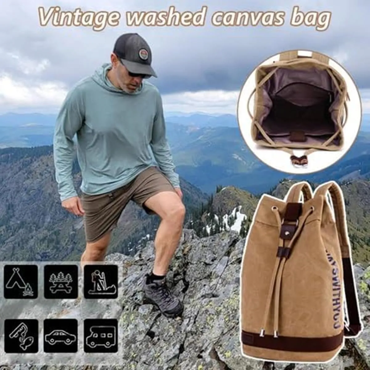 Large Capacity Drawstring Backpack,Canvas Sports Backpack,Leisure Travel Computer Backpack,Outdoor Sports Drawstring Bucket Bag,Gym backpack,Universal for Both Men and Women (Small, Army Coffee)