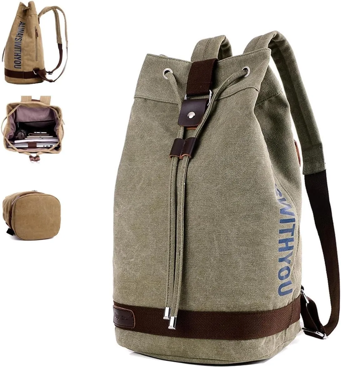 Large Capacity Drawstring Backpack,Canvas Sports Backpack,Leisure Travel Computer Backpack,Outdoor Sports Drawstring Bucket Bag,Gym backpack,Universal for Both Men and Women (Small, Green)