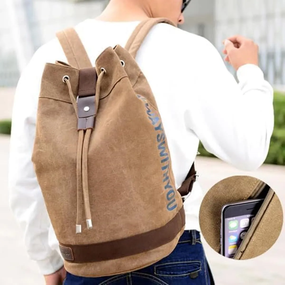Large Capacity Drawstring Backpack,Canvas Sports Backpack,Leisure Travel Computer Backpack,Outdoor Sports Drawstring Bucket Bag,Gym backpack,Universal for Both Men and Women (Small, Green)