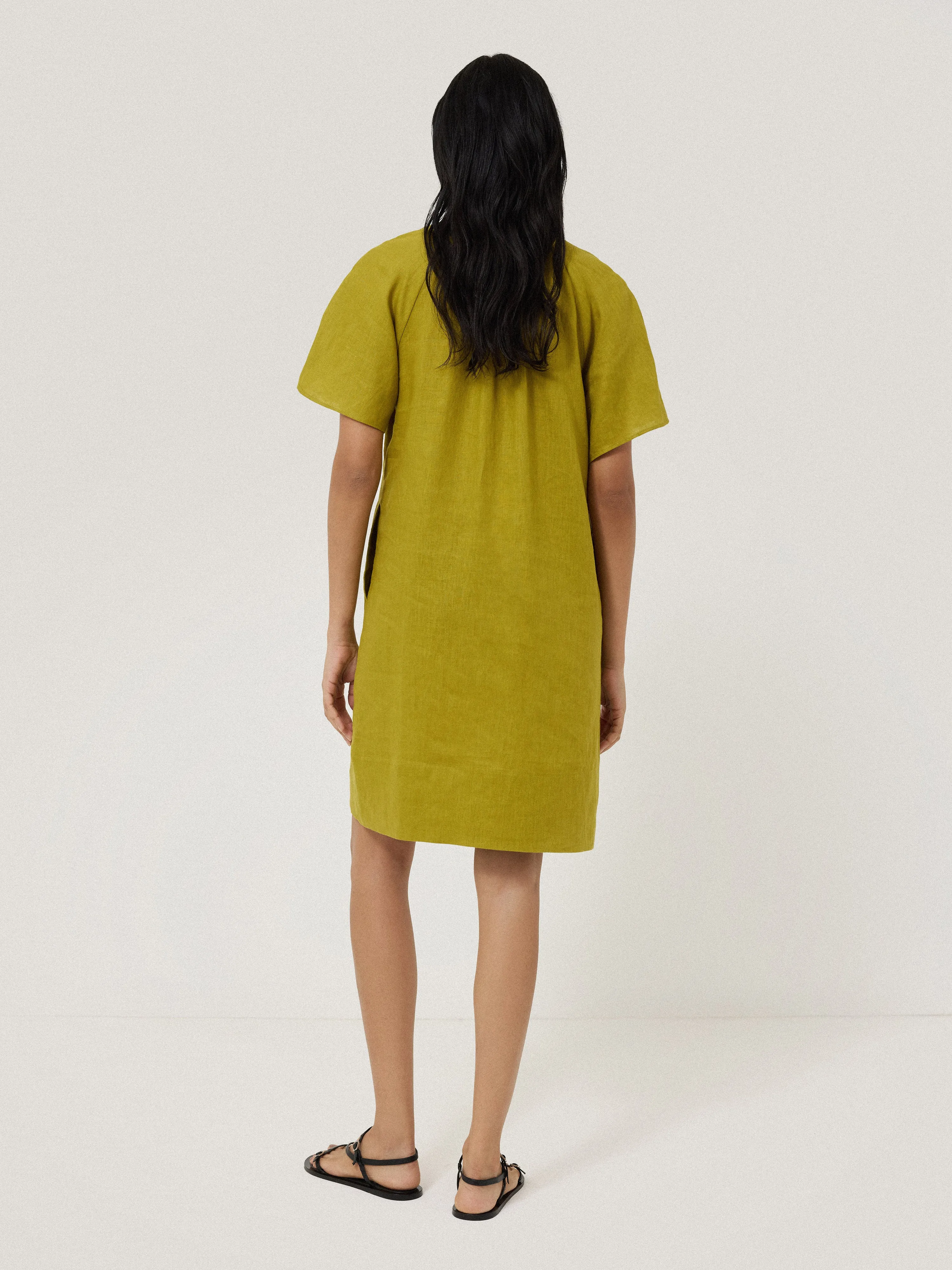 Linen Smocked T-shirt Dress | Green