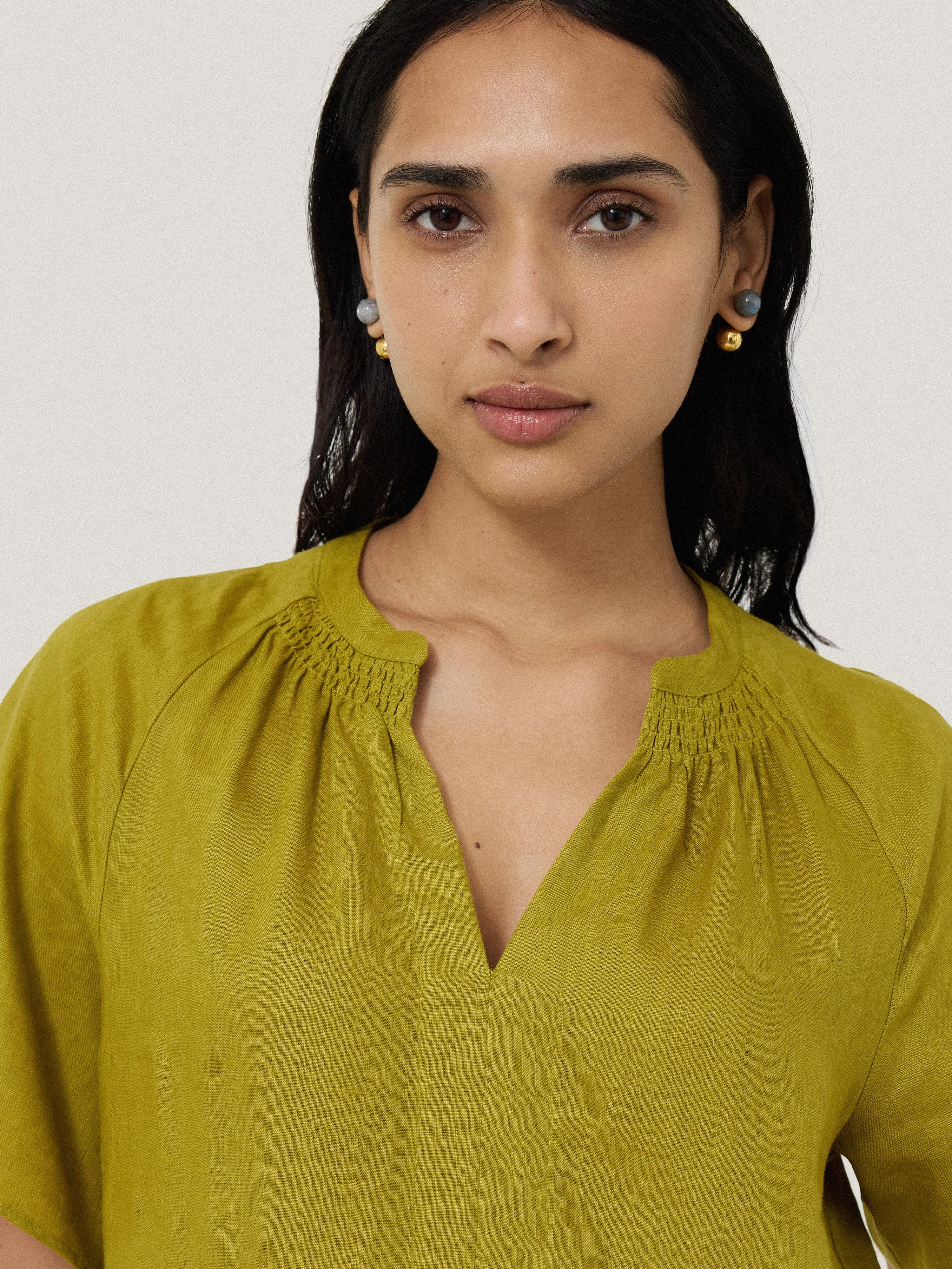 Linen Smocked T-shirt Dress | Green