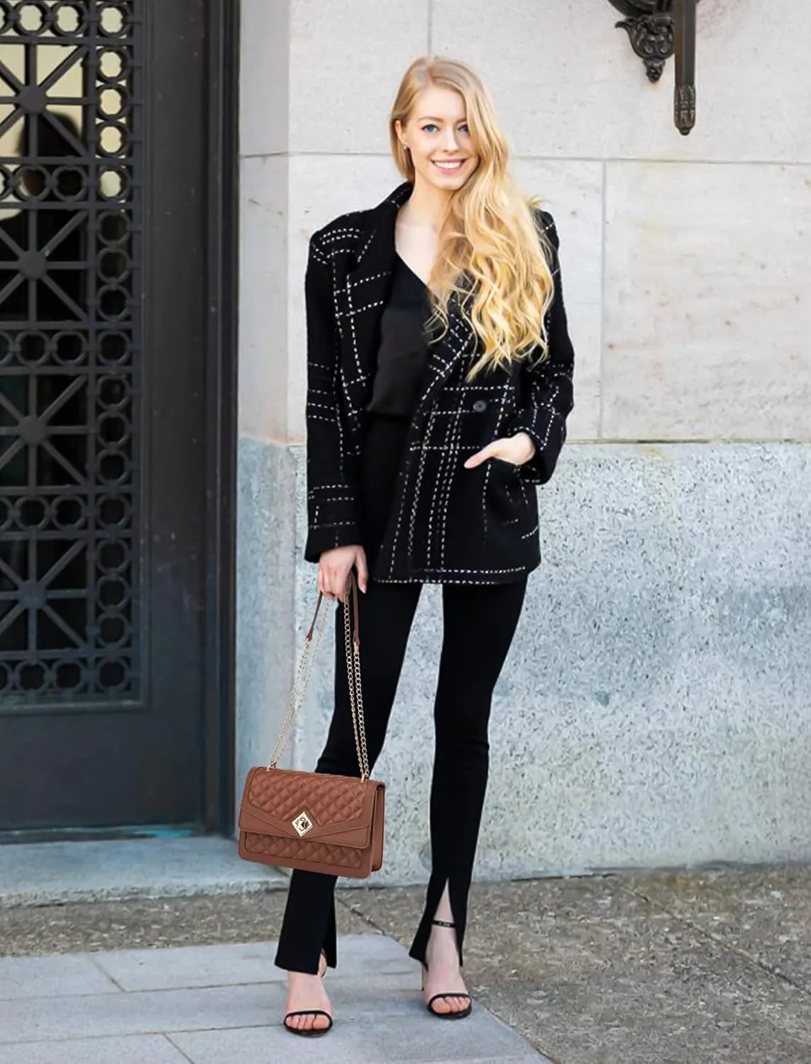 LOVEVOOK Crossbody Bags for Women Leather Quilted Shoulder Bag with Chain Strap Trendy Clutch Satchel Ladies Evening Bag