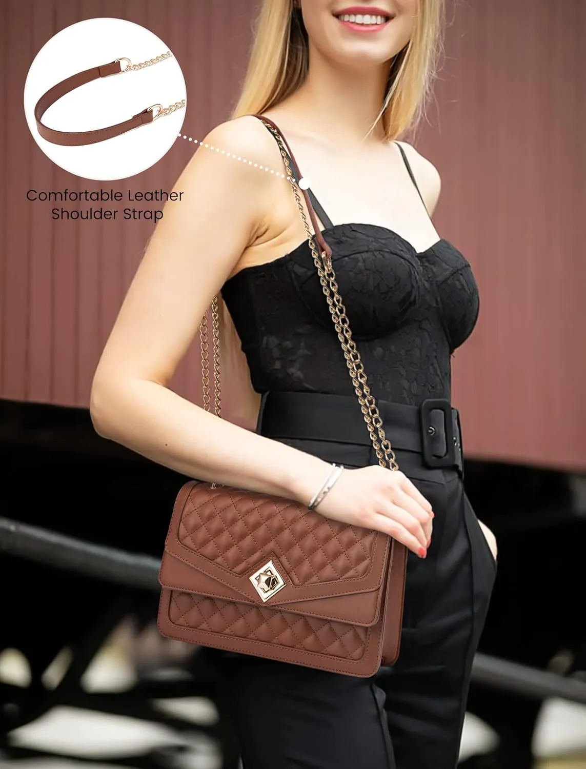 LOVEVOOK Crossbody Bags for Women Leather Quilted Shoulder Bag with Chain Strap Trendy Clutch Satchel Ladies Evening Bag