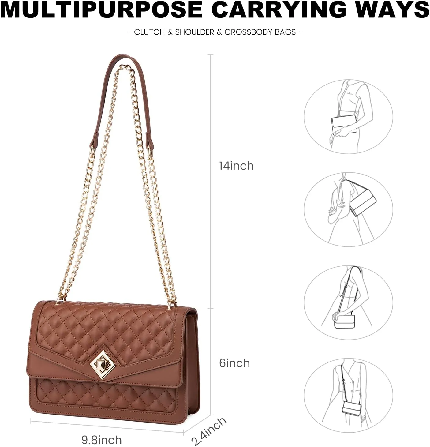 LOVEVOOK Crossbody Bags for Women Leather Quilted Shoulder Bag with Chain Strap Trendy Clutch Satchel Ladies Evening Bag