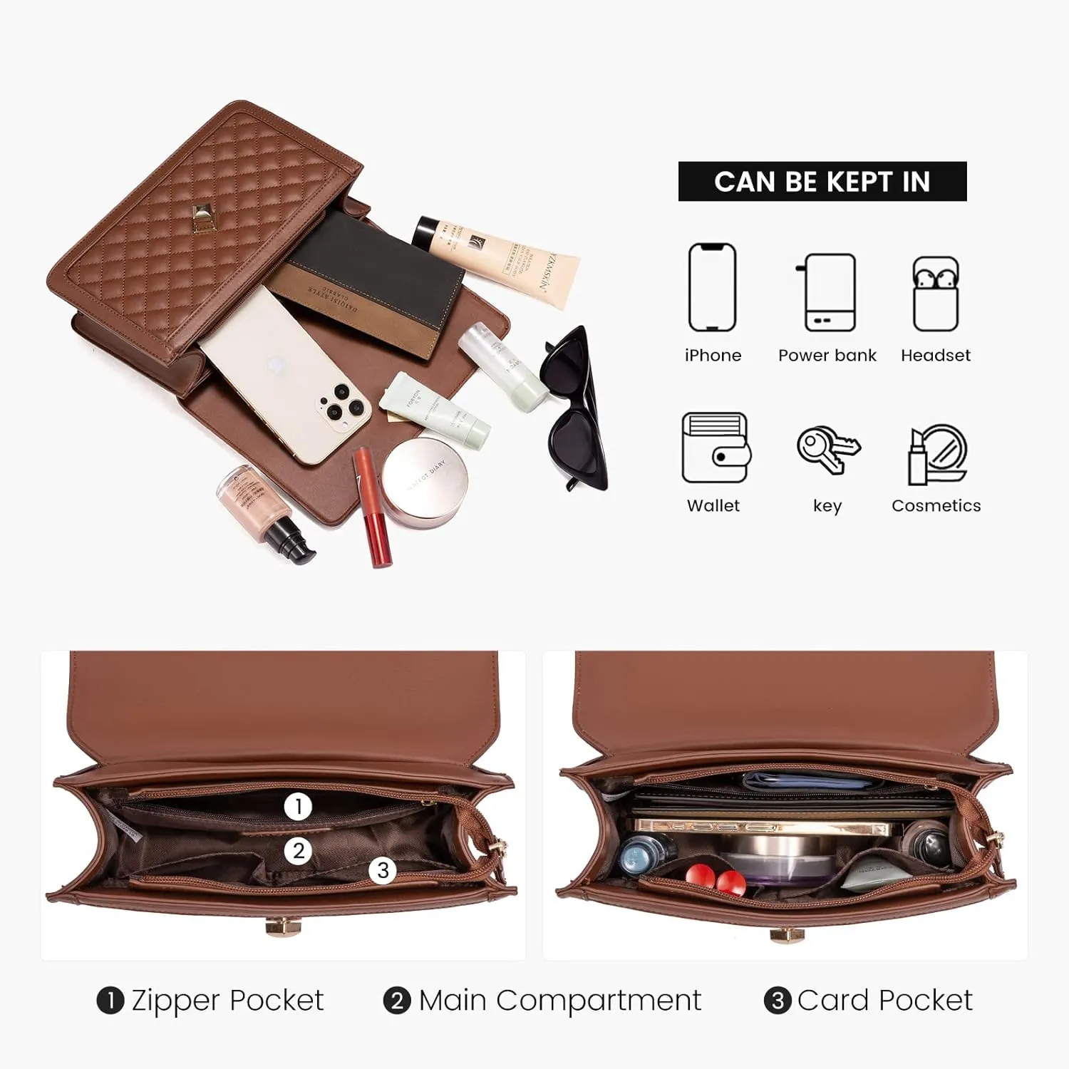 LOVEVOOK Crossbody Bags for Women Leather Quilted Shoulder Bag with Chain Strap Trendy Clutch Satchel Ladies Evening Bag