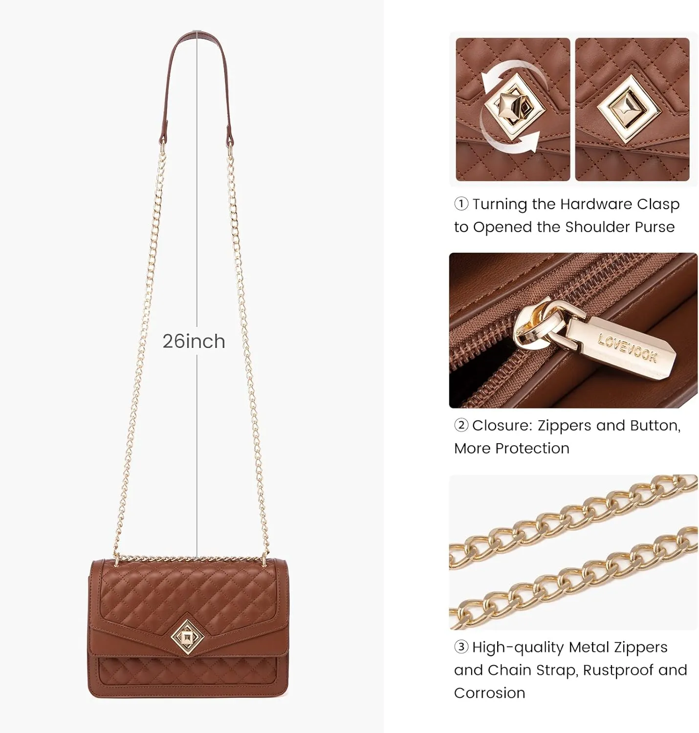 LOVEVOOK Crossbody Bags for Women Leather Quilted Shoulder Bag with Chain Strap Trendy Clutch Satchel Ladies Evening Bag
