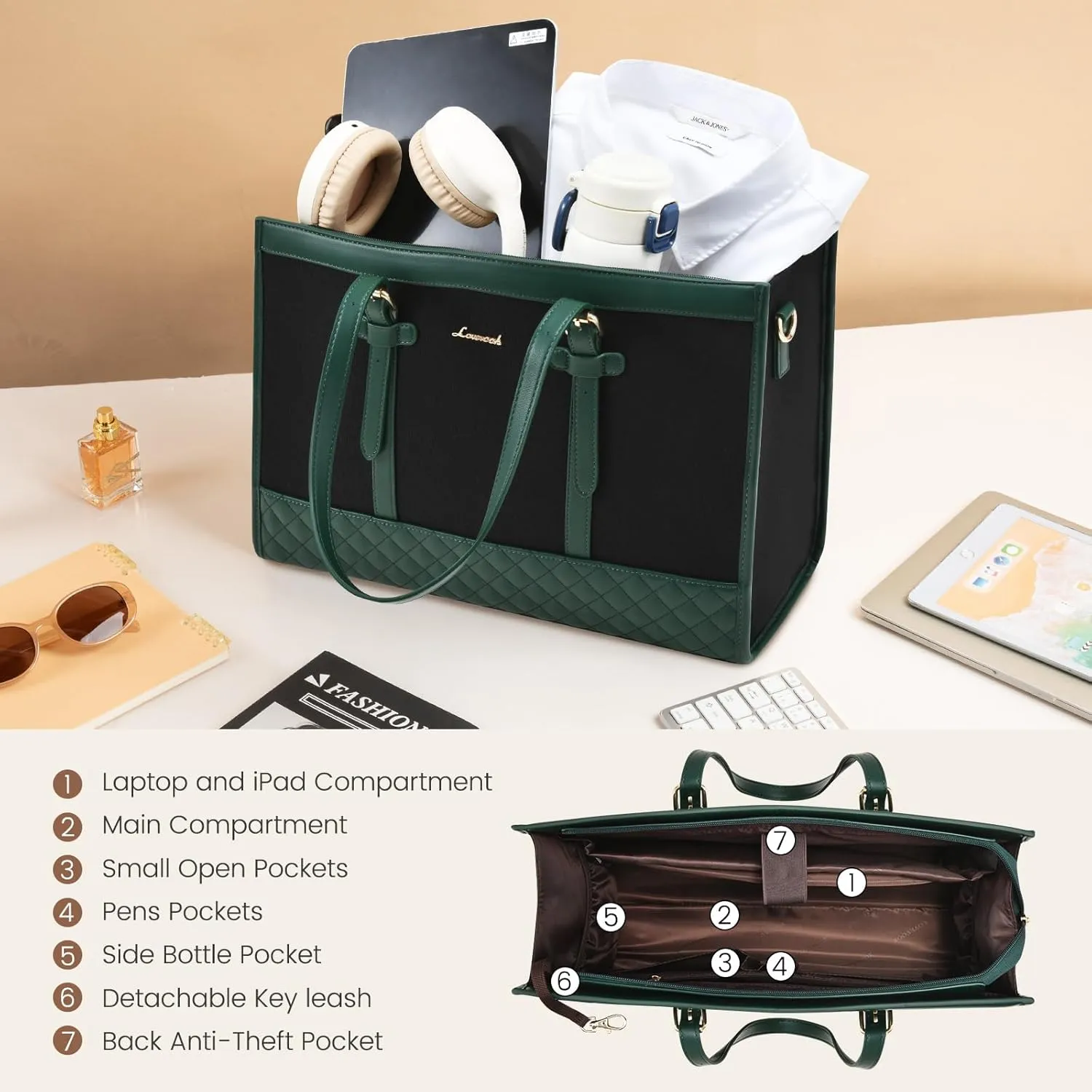 LOVEVOOK Laptop Bag for Women 15.6 inch Canvas Laptop Tote Bag, Large Capacity Work Bags with Clutch Purse, Computer Bags Office Business Briefcase, Casual Handbag for Travel College Teacher