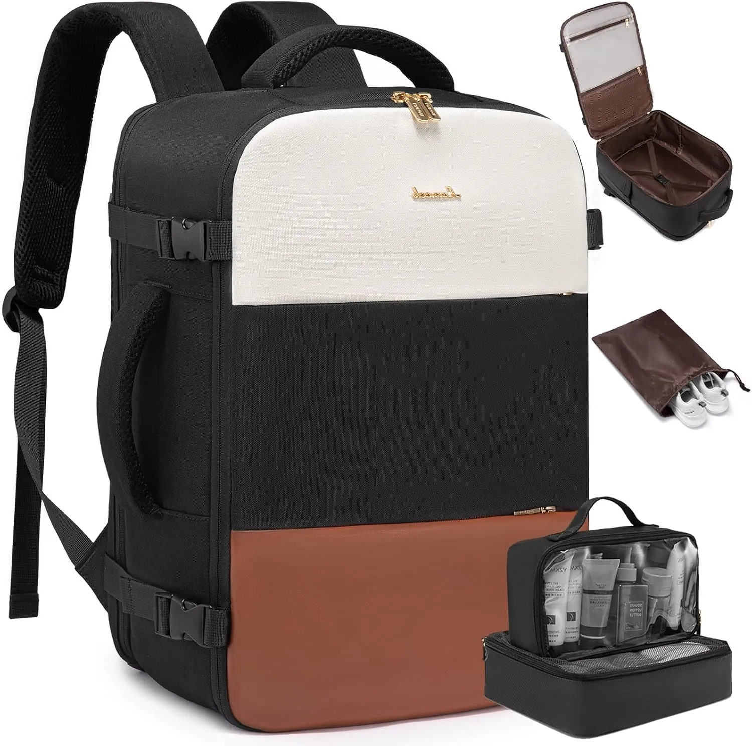 LOVEVOOK Travel Backpack for Women, Carry On Backpack Flight Approved with 3 Packing Cubes,TSA Personal Item Travel Bag Fits 15.6 Laptop,Weekender Hiking Business Luggage Daypack Beige Black Brown