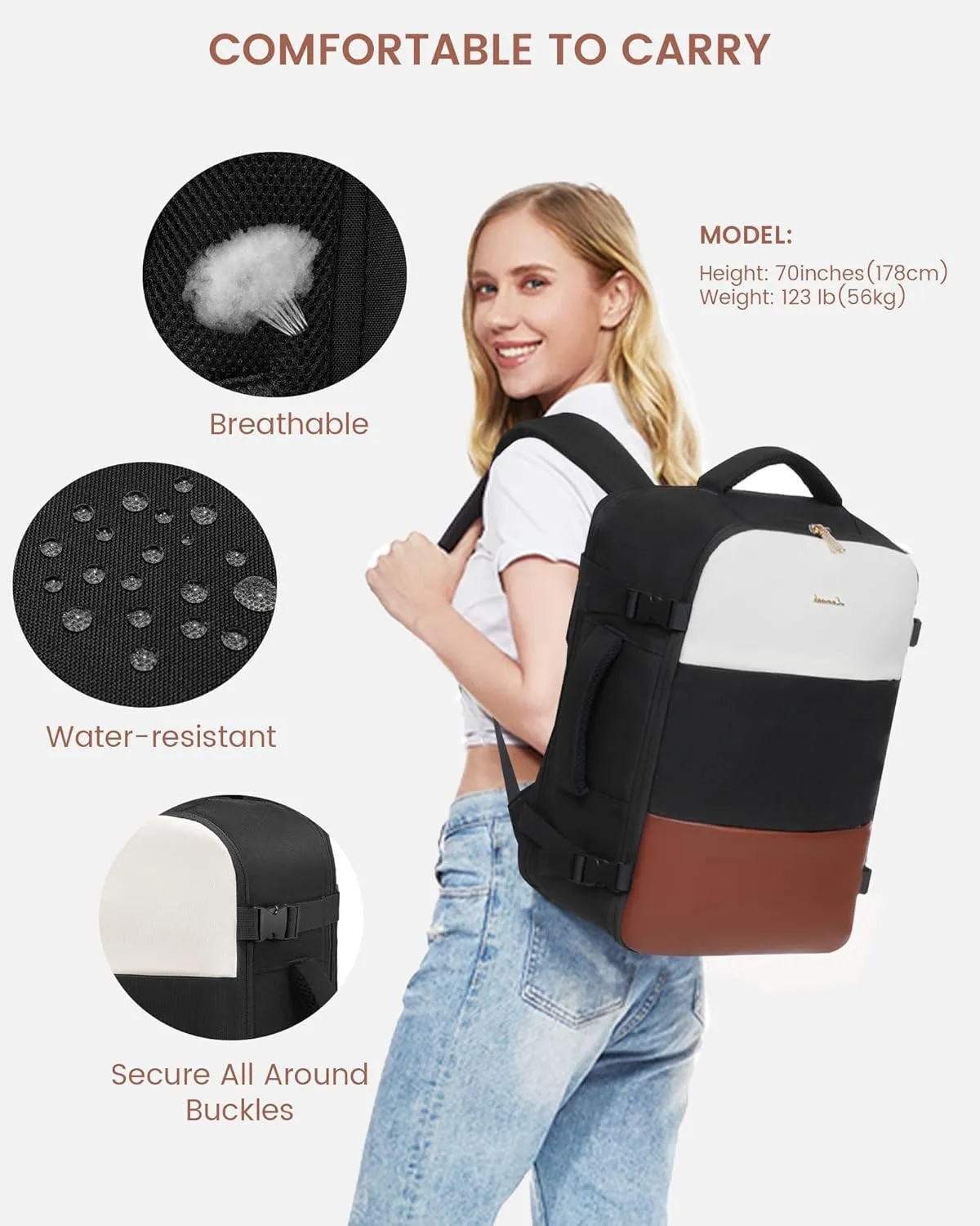 LOVEVOOK Travel Backpack for Women, Carry On Backpack Flight Approved with 3 Packing Cubes,TSA Personal Item Travel Bag Fits 15.6 Laptop,Weekender Hiking Business Luggage Daypack Beige Black Brown