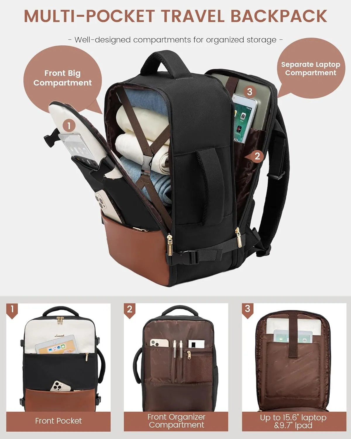 LOVEVOOK Travel Backpack for Women, Carry On Backpack Flight Approved with 3 Packing Cubes,TSA Personal Item Travel Bag Fits 15.6 Laptop,Weekender Hiking Business Luggage Daypack Beige Black Brown