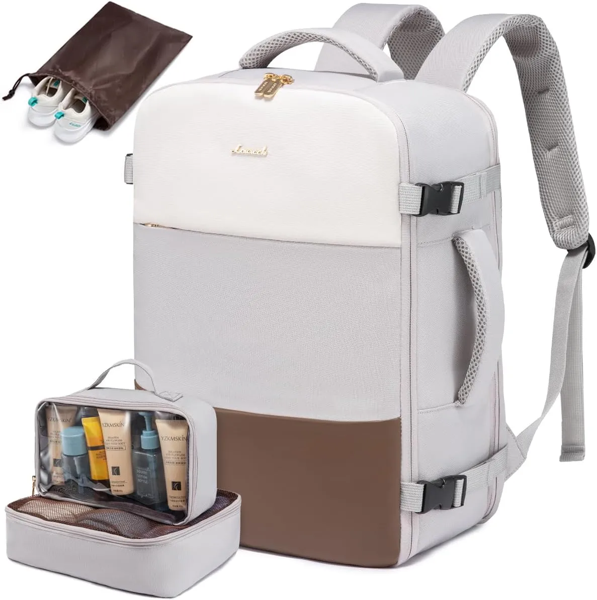LOVEVOOK Travel Backpack for Women, Carry On Backpack Flight Approved with 3 Packing Cubes,TSA Personal Item Travel Bag Fits 15.6 Laptop,Weekender Hiking Business Luggage Daypack Beige Gray Coffee