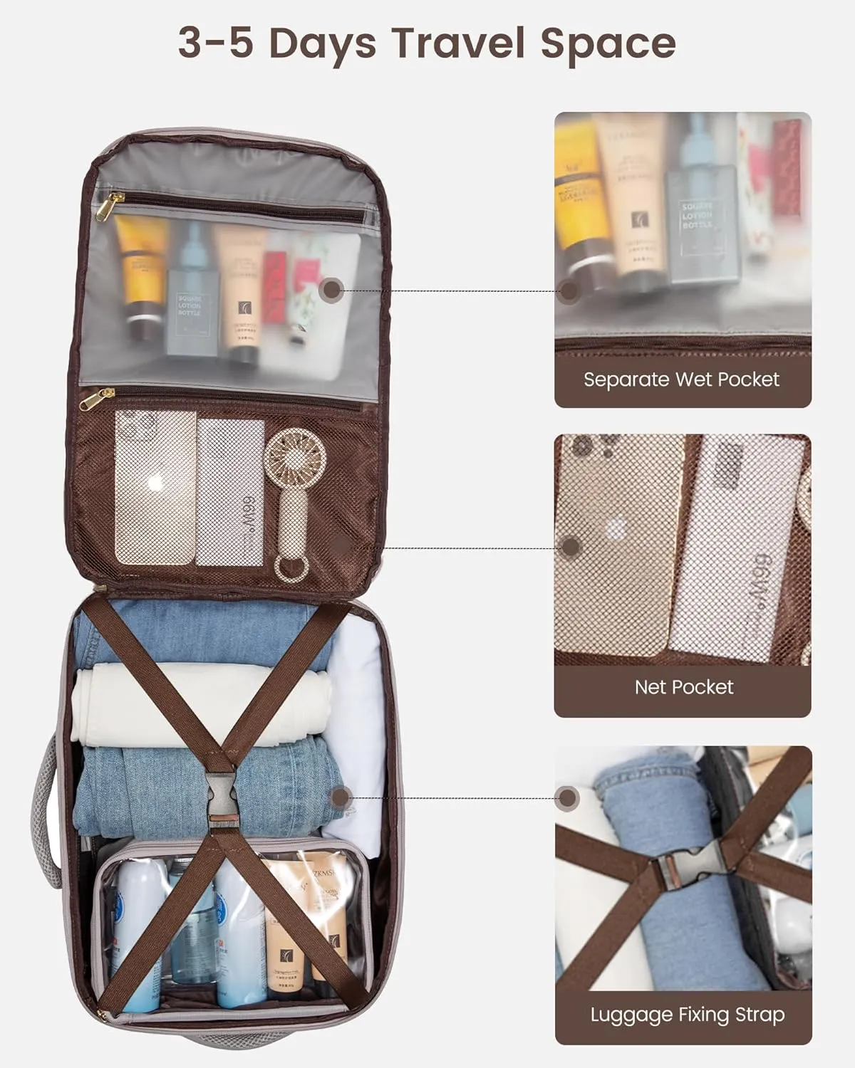LOVEVOOK Travel Backpack for Women, Carry On Backpack Flight Approved with 3 Packing Cubes,TSA Personal Item Travel Bag Fits 15.6 Laptop,Weekender Hiking Business Luggage Daypack Beige Gray Coffee