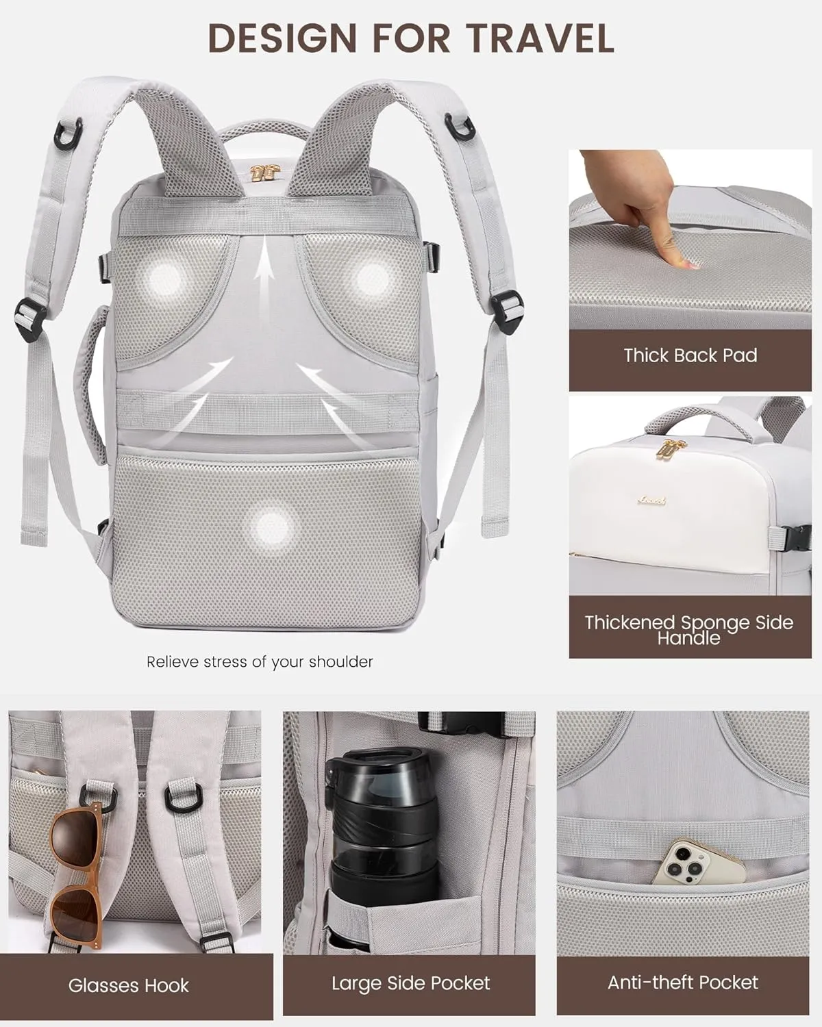 LOVEVOOK Travel Backpack for Women, Carry On Backpack Flight Approved with 3 Packing Cubes,TSA Personal Item Travel Bag Fits 15.6 Laptop,Weekender Hiking Business Luggage Daypack Beige Gray Coffee