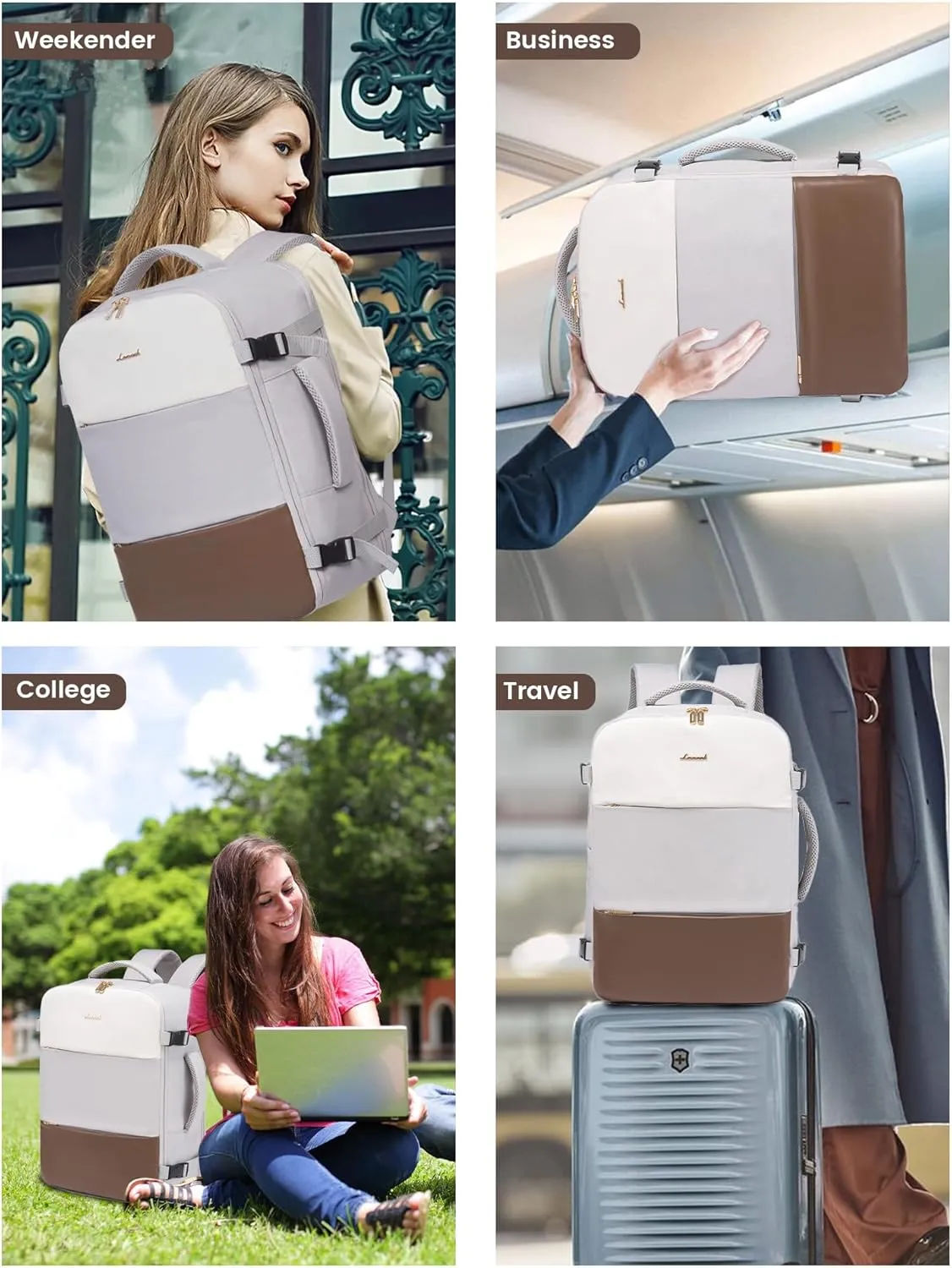 LOVEVOOK Travel Backpack for Women, Carry On Backpack Flight Approved with 3 Packing Cubes,TSA Personal Item Travel Bag Fits 15.6 Laptop,Weekender Hiking Business Luggage Daypack Beige Gray Coffee