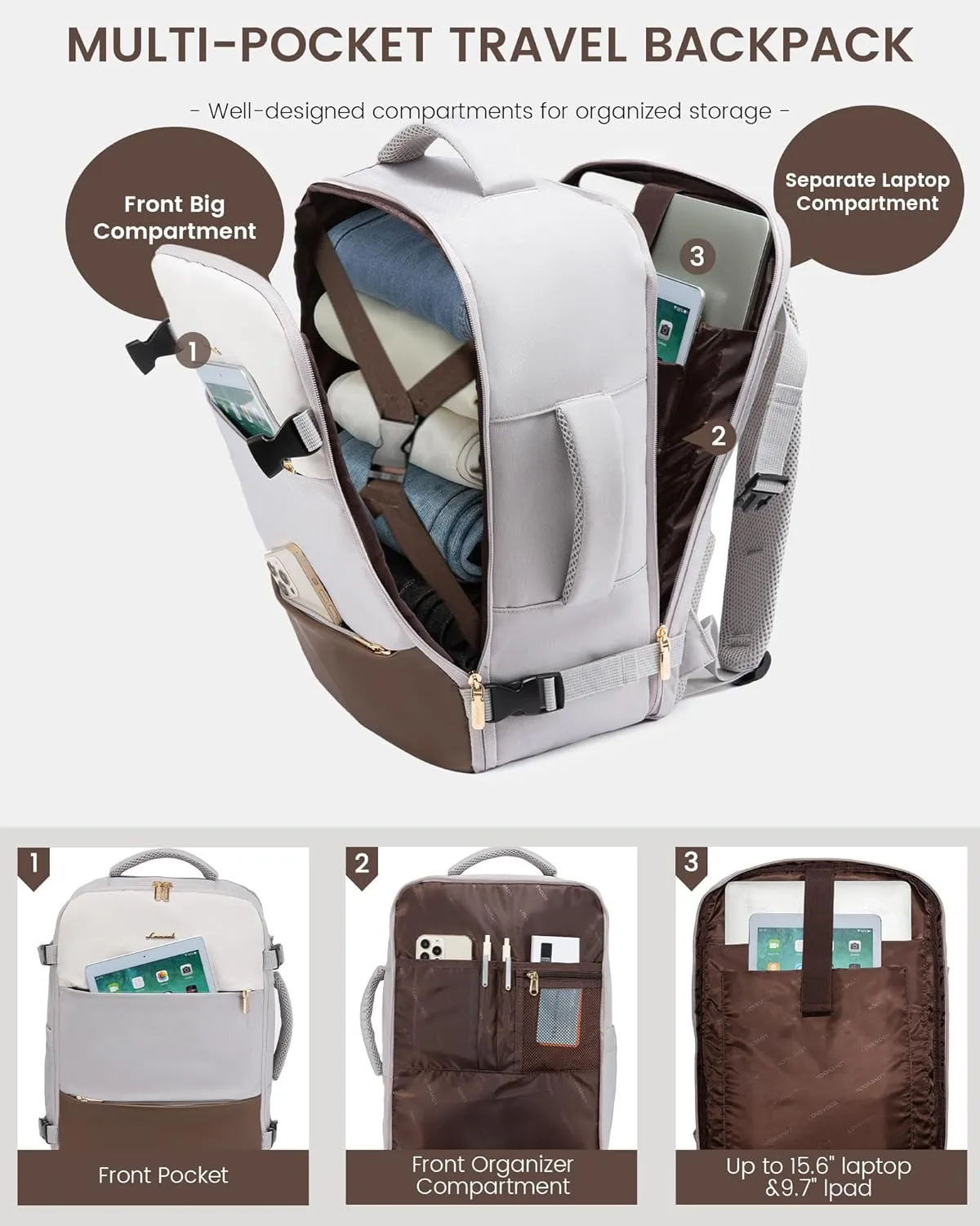 LOVEVOOK Travel Backpack for Women, Carry On Backpack Flight Approved with 3 Packing Cubes,TSA Personal Item Travel Bag Fits 15.6 Laptop,Weekender Hiking Business Luggage Daypack Beige Gray Coffee