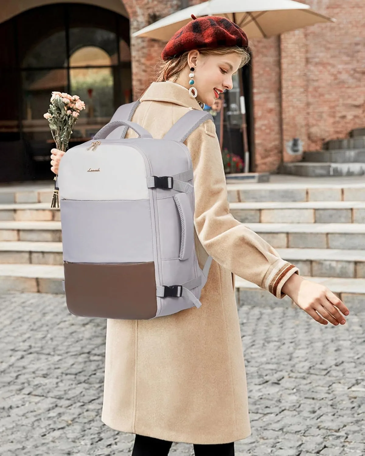 LOVEVOOK Travel Backpack for Women, Carry On Backpack Flight Approved with 3 Packing Cubes,TSA Personal Item Travel Bag Fits 15.6 Laptop,Weekender Hiking Business Luggage Daypack Beige Gray Coffee
