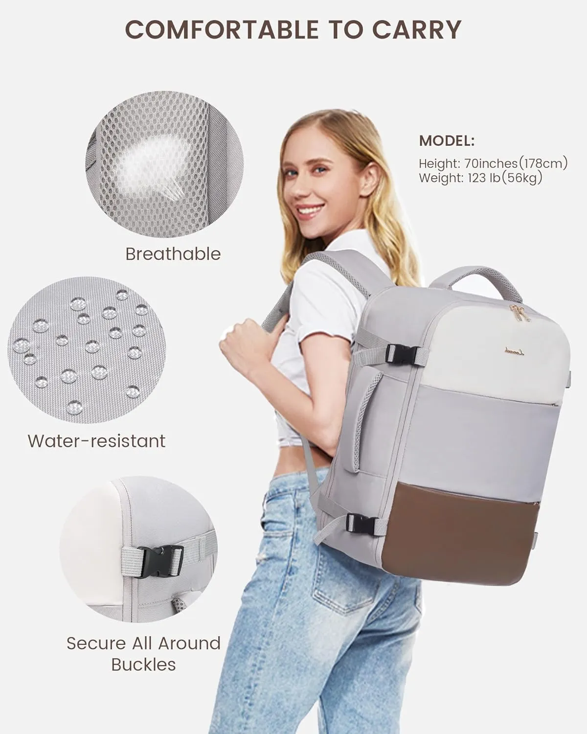 LOVEVOOK Travel Backpack for Women, Carry On Backpack Flight Approved with 3 Packing Cubes,TSA Personal Item Travel Bag Fits 15.6 Laptop,Weekender Hiking Business Luggage Daypack Beige Gray Coffee