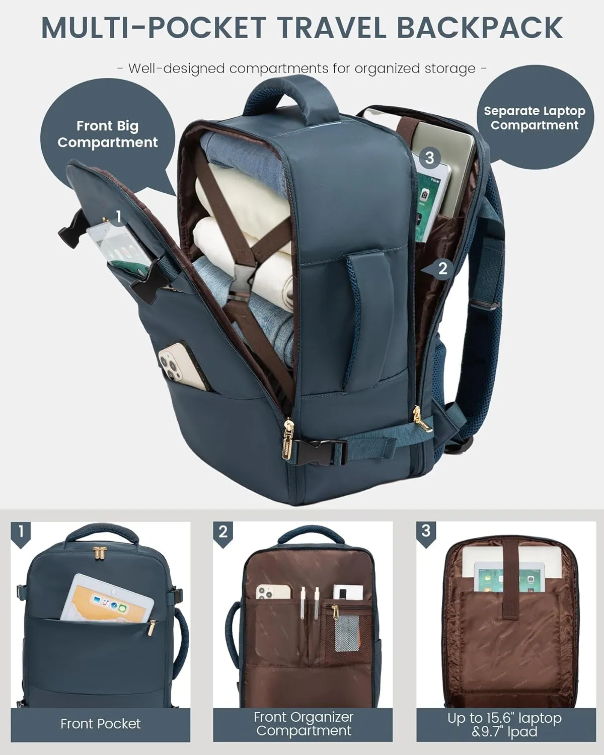 LOVEVOOK Travel Backpack for Women, Carry On Backpack Flight Approved with 3 Packing Cubes,TSA Personal Item Travel Bag Fits 15.6 Laptop,Weekender Hiking Business Luggage Daypack Dark Blue Green