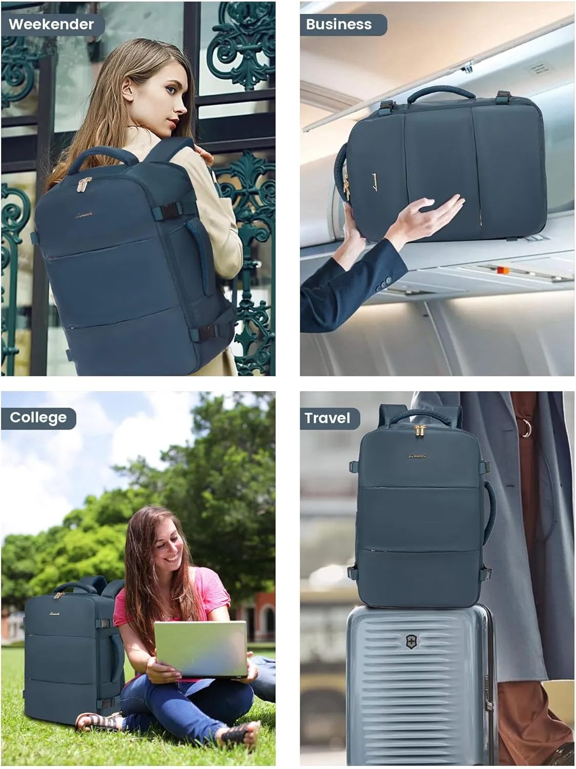 LOVEVOOK Travel Backpack for Women, Carry On Backpack Flight Approved with 3 Packing Cubes,TSA Personal Item Travel Bag Fits 15.6 Laptop,Weekender Hiking Business Luggage Daypack Dark Blue Green