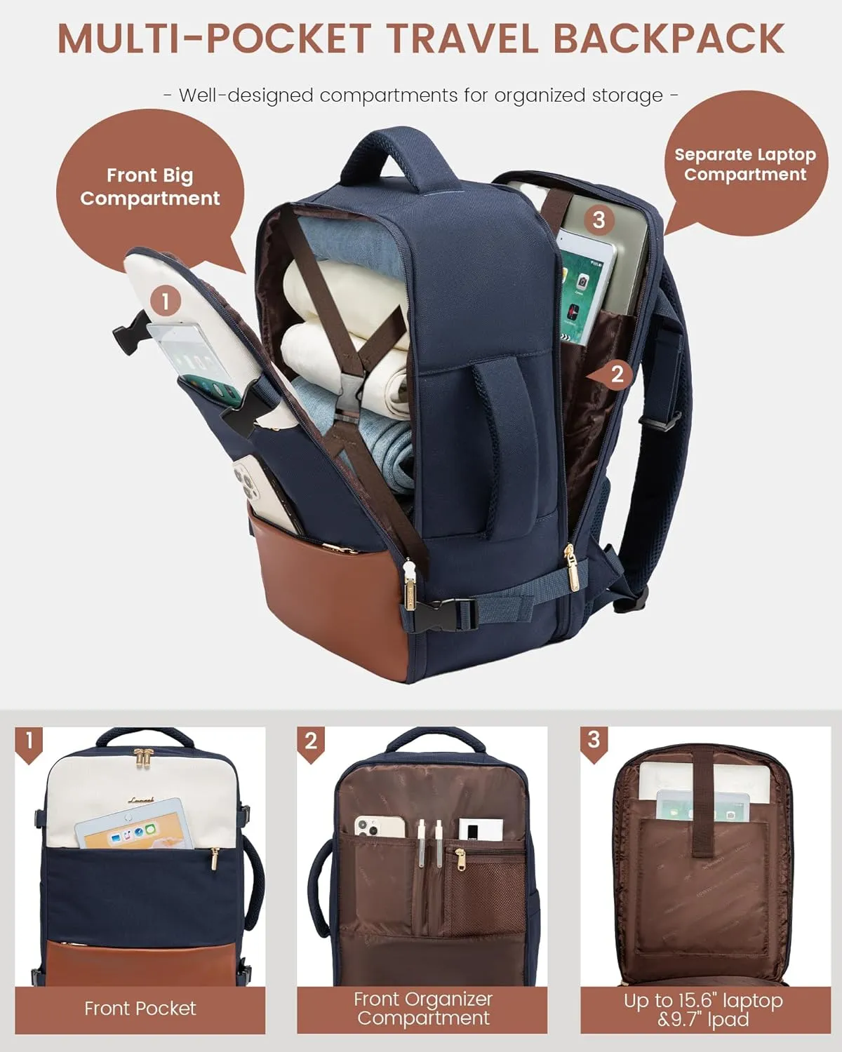 LOVEVOOK Travel Backpack for Women, Carry On Backpack Flight Approved with 3 Packing Cubes,TSA Personal Item Travel Bag Fits 15.6” Laptop,Weekender Hiking Business Luggage Daypack