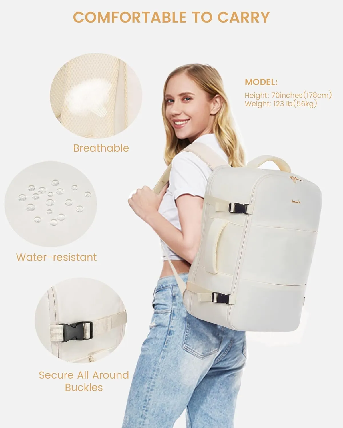 LOVEVOOK Travel Backpack for Women,35L Carry On Backpack Flight Approved with 3 Packing Cubes,TSA Personal Item Travel Bag Fits 15.6 Laptop,Weekender Hiking Business Luggage Daypack Beige