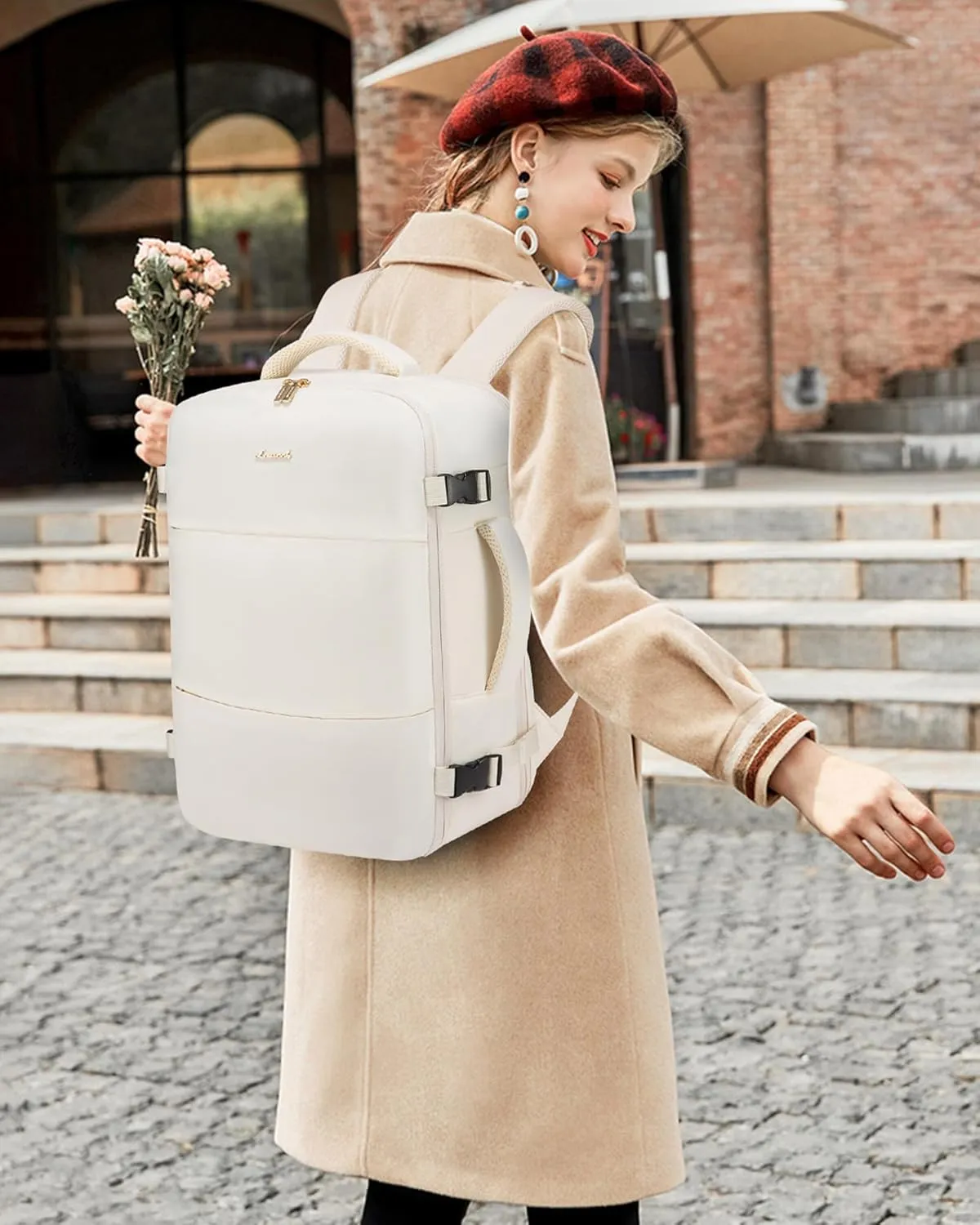 LOVEVOOK Travel Backpack for Women,35L Carry On Backpack Flight Approved with 3 Packing Cubes,TSA Personal Item Travel Bag Fits 15.6 Laptop,Weekender Hiking Business Luggage Daypack Beige