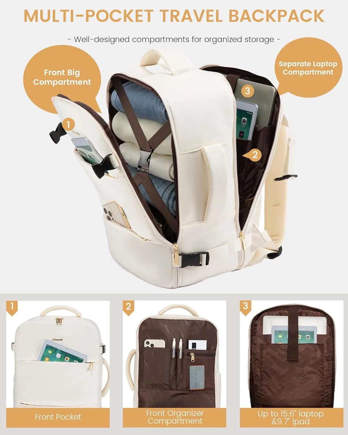 LOVEVOOK Travel Backpack for Women,35L Carry On Backpack Flight Approved with 3 Packing Cubes,TSA Personal Item Travel Bag Fits 15.6 Laptop,Weekender Hiking Business Luggage Daypack Beige
