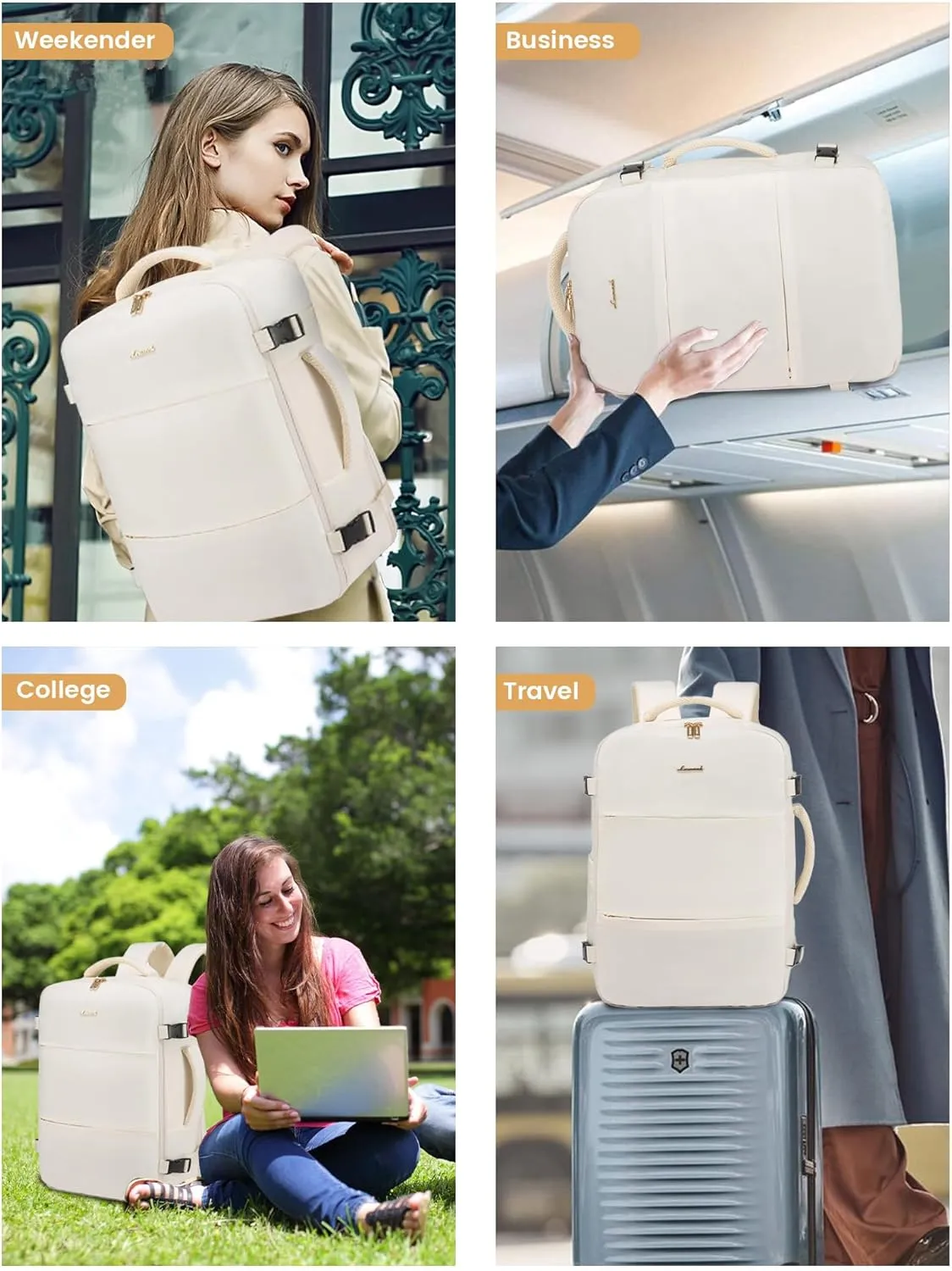 LOVEVOOK Travel Backpack for Women,35L Carry On Backpack Flight Approved with 3 Packing Cubes,TSA Personal Item Travel Bag Fits 15.6 Laptop,Weekender Hiking Business Luggage Daypack Beige
