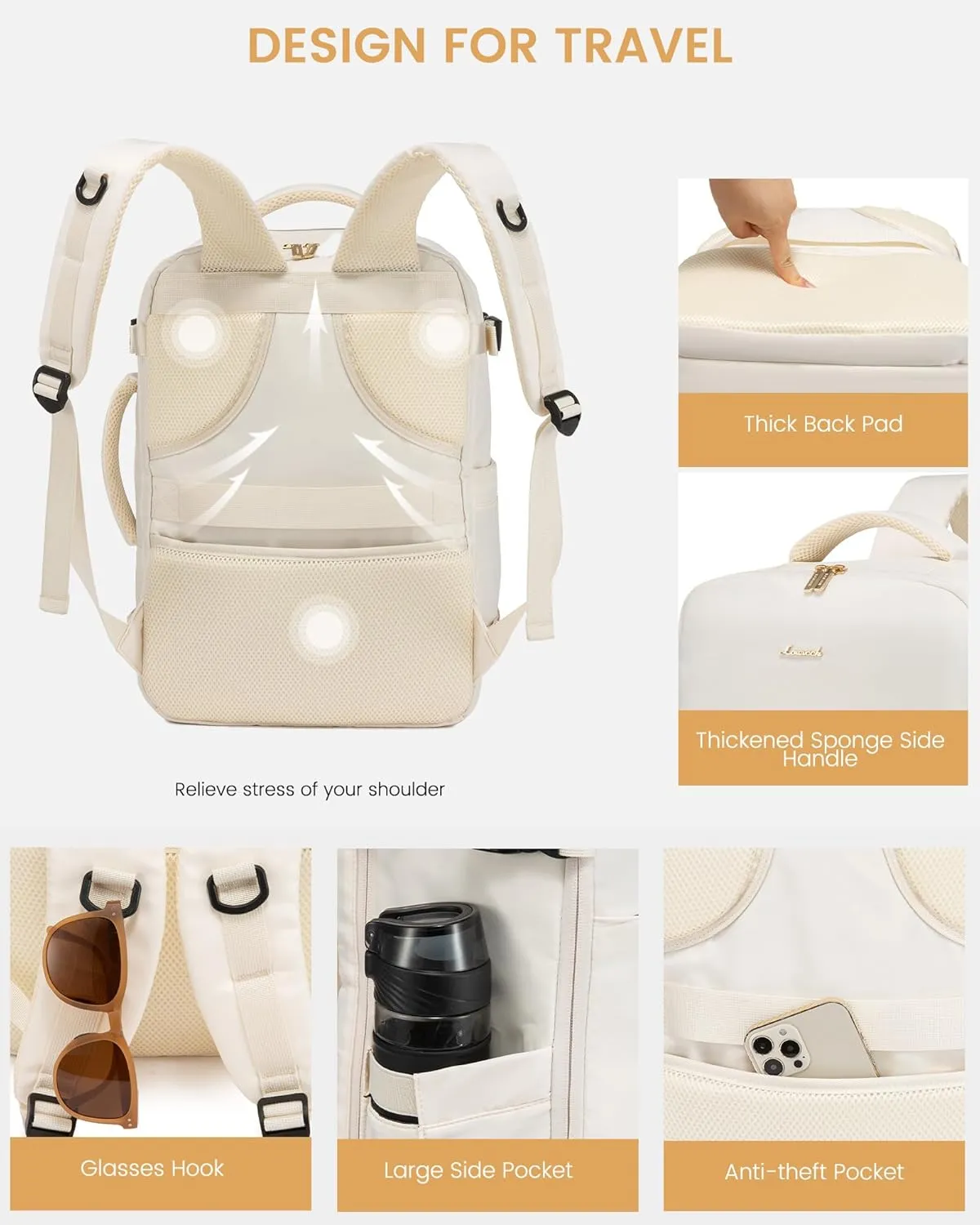 LOVEVOOK Travel Backpack for Women,35L Carry On Backpack Flight Approved with 3 Packing Cubes,TSA Personal Item Travel Bag Fits 15.6 Laptop,Weekender Hiking Business Luggage Daypack Beige