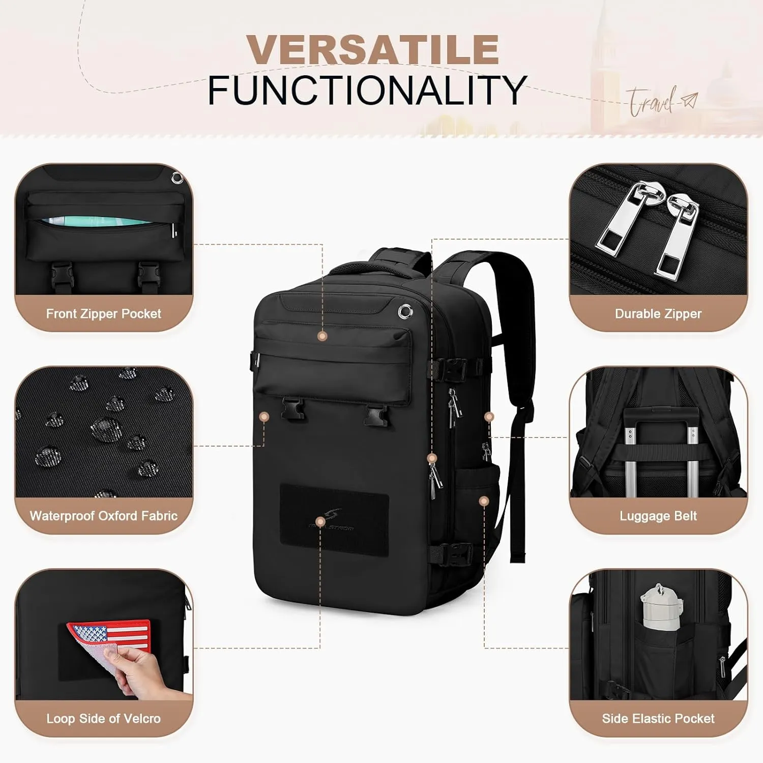 Maelstrom Travel Backpack for Women Men,25L Laptop Backpack Fits 17-Inch Laptop,Waterproof Carry On Backpack for Airplanes with Detachable Crossbody Bag&Shoe Compartment,Black, Medium