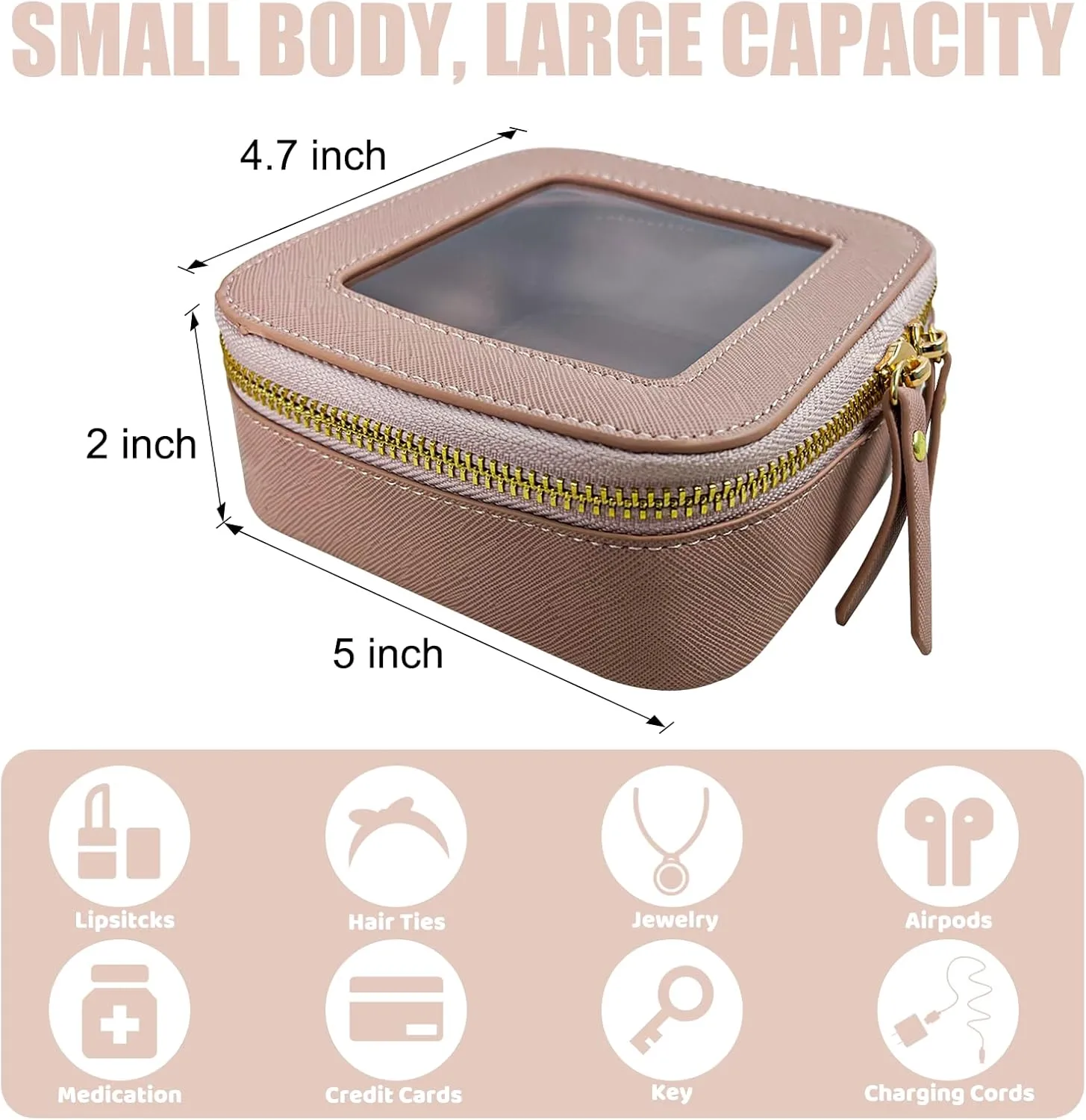 Mini Makeup Bag - Small Cosmetic Bags for Women,Waterproof Toiletry Bag for Travel,Clear Center Console Organizer Bag with Clear Windows & Gold Zippers (Pink, Mini)