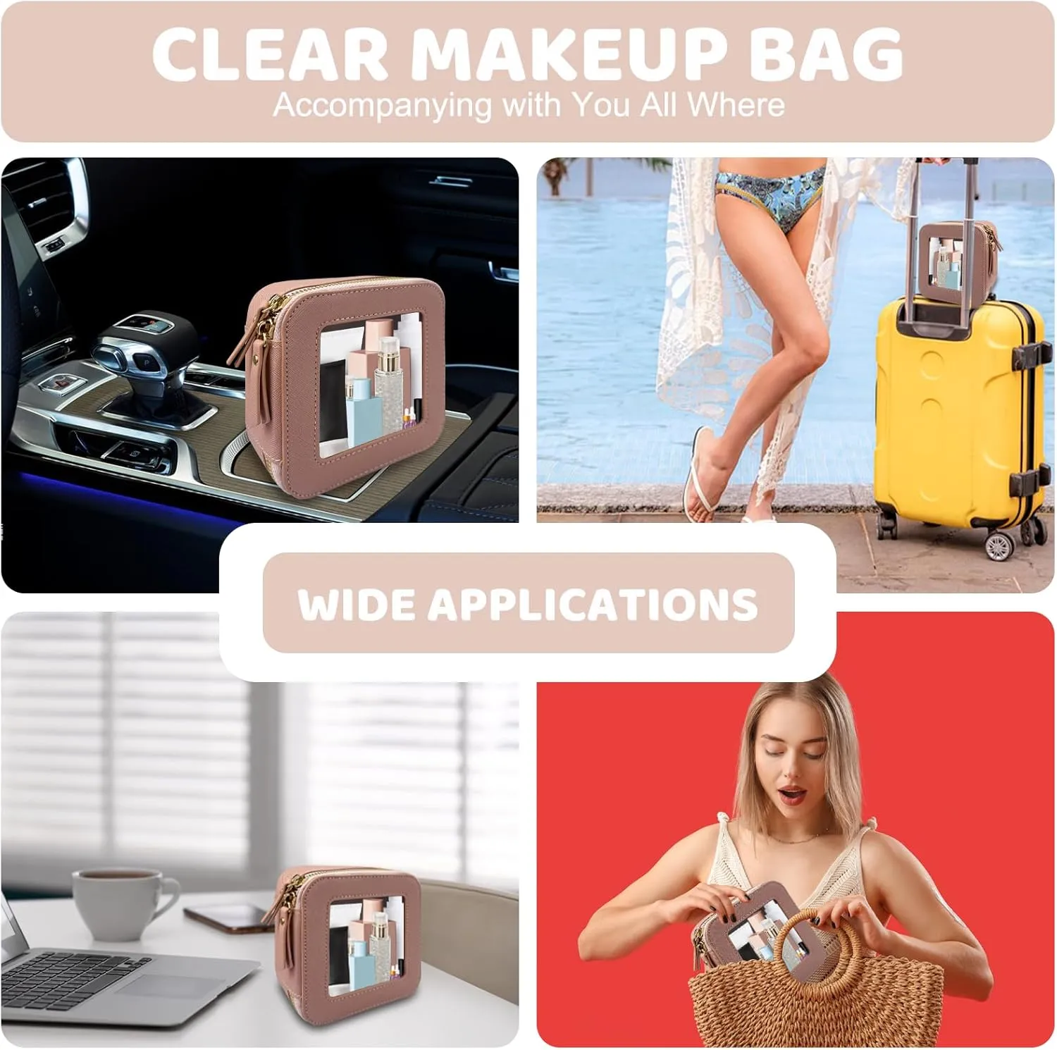 Mini Makeup Bag - Small Cosmetic Bags for Women,Waterproof Toiletry Bag for Travel,Clear Center Console Organizer Bag with Clear Windows & Gold Zippers (Pink, Mini)