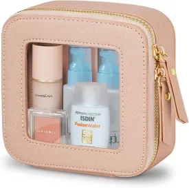 Mini Makeup Bag - Small Cosmetic Bags for Women,Waterproof Toiletry Bag for Travel,Clear Center Console Organizer Bag with Clear Windows & Gold Zippers (Pink, Mini)