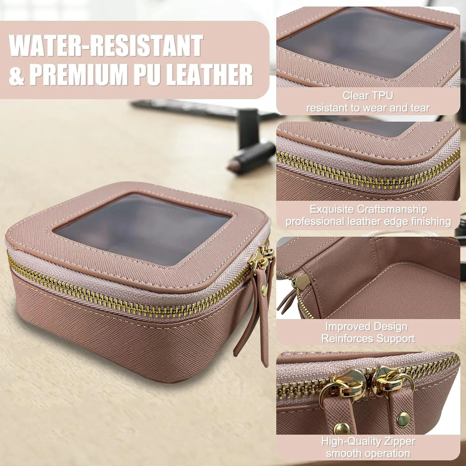 Mini Makeup Bag - Small Cosmetic Bags for Women,Waterproof Toiletry Bag for Travel,Clear Center Console Organizer Bag with Clear Windows & Gold Zippers (Pink, Mini)