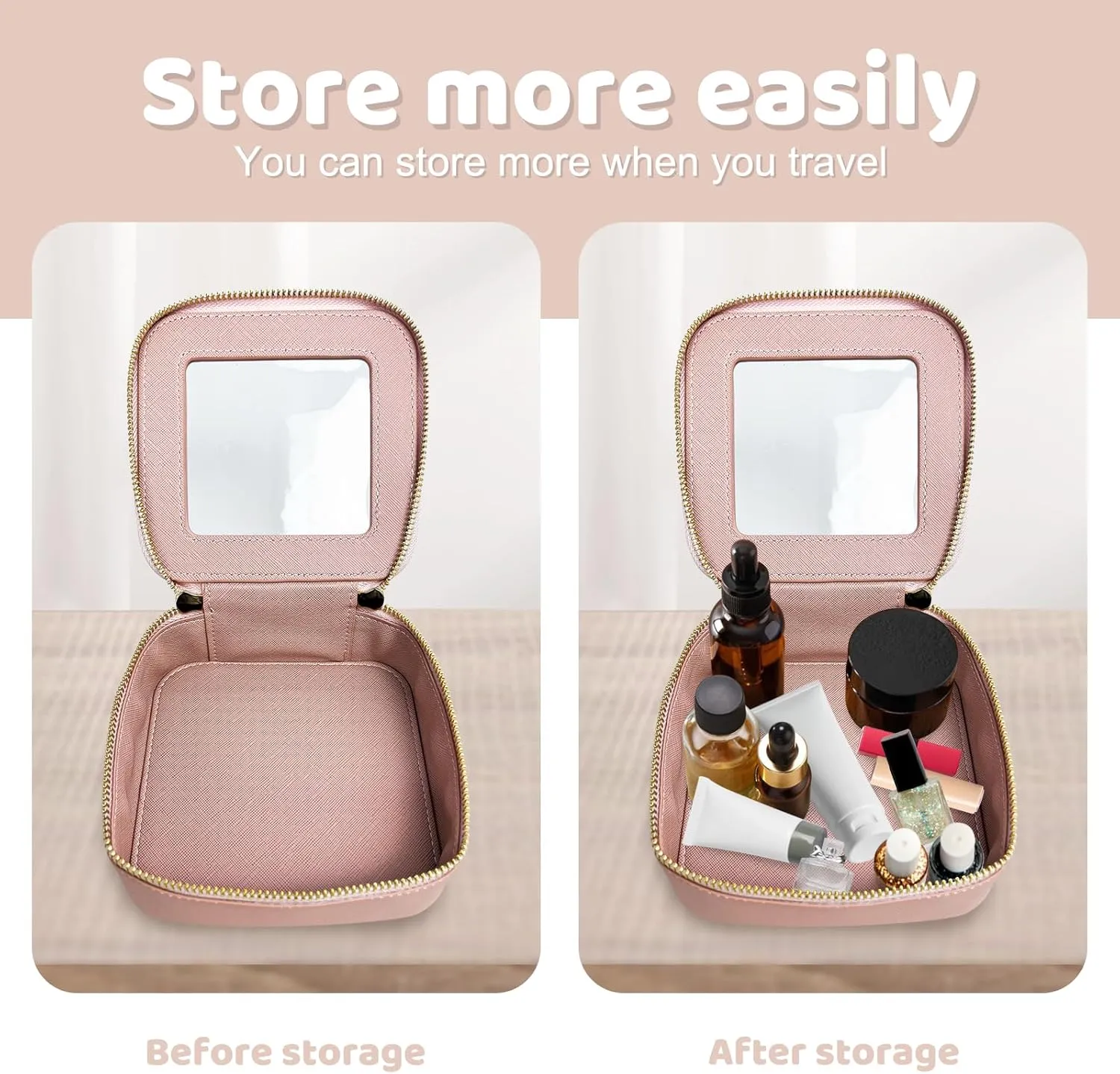 Mini Makeup Bag - Small Cosmetic Bags for Women,Waterproof Toiletry Bag for Travel,Clear Center Console Organizer Bag with Clear Windows & Gold Zippers (Pink, Mini)