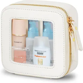 Mini Makeup Bag - Small Cosmetic Bags for Women,Waterproof Toiletry Bag for Travel,Clear Center Console Organizer Bag with Clear Windows & Gold Zippers (White, Mini)