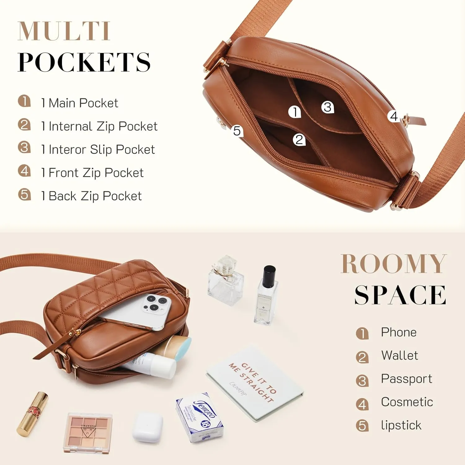 Missnine Small Crossbody Purse Women Quilted Crossbody Bags Soft Leather Shoulder Handbags with Adjustable Strap