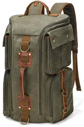 peacechaos Heavy-Duty Waxed Canvas Backpack for Men, 17 Inch Laptop Rucksack with Genuine Leather, Multi-Pocket Travel Bag for Work, Hiking, and Camping