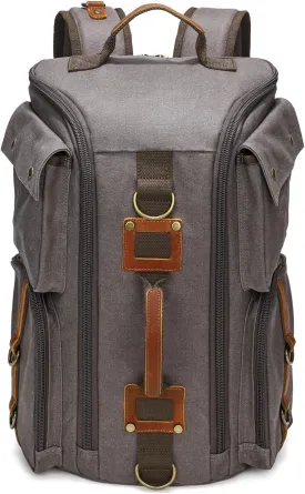 peacechaos Heavy-Duty Waxed Canvas Backpack for Men, 17 Inch Laptop Rucksack with Genuine Leather, Multi-Pocket Travel Bag for Work, Hiking, and Camping