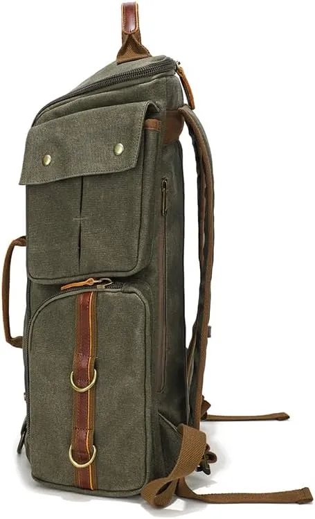 peacechaos Heavy-Duty Waxed Canvas Backpack for Men, 17 Inch Laptop Rucksack with Genuine Leather, Multi-Pocket Travel Bag for Work, Hiking, and Camping