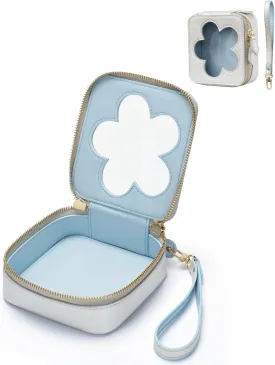 Popvibe Small Clear Makeup Pouch for Purse Travel Mini Cosmetic Bag with Removable Wrist Strap, Portable Leather Small Toiletry Bag for Women Girls Square Clear Zipper Pouch, Silver & Blue Flower