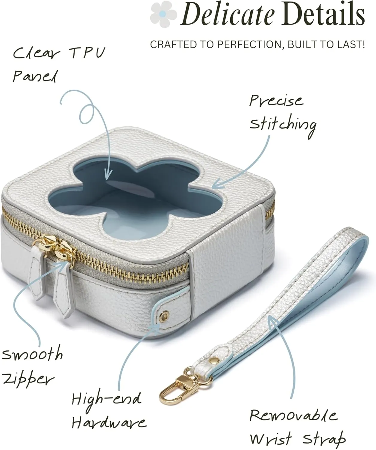 Popvibe Small Clear Makeup Pouch for Purse Travel Mini Cosmetic Bag with Removable Wrist Strap, Portable Leather Small Toiletry Bag for Women Girls Square Clear Zipper Pouch, Silver & Blue Flower